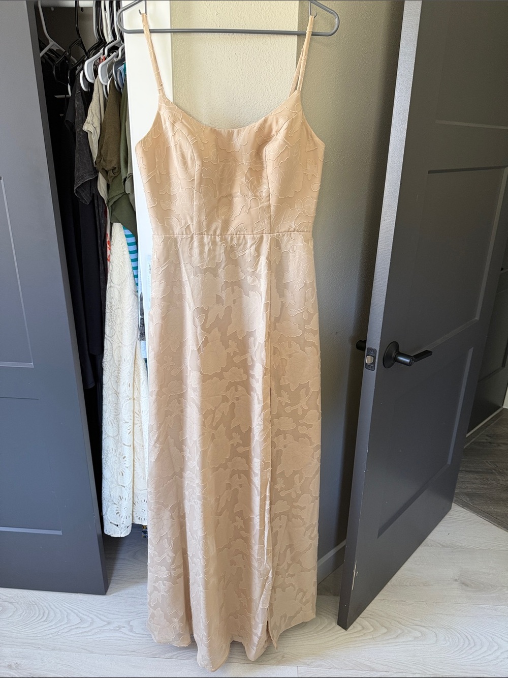 Azazie Nude Floral Jacquard Maxi Dress